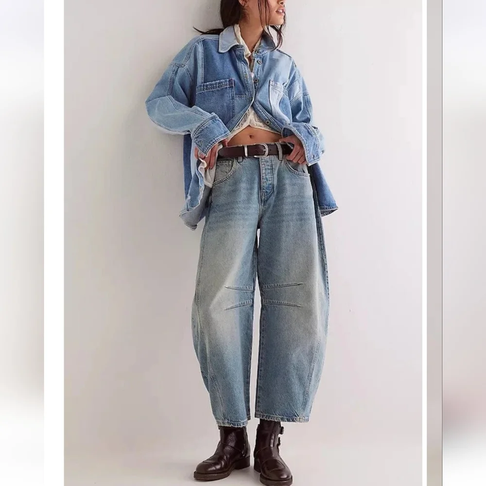 Free People Good Luck Barrel Jeans Mid Rise Distressed Relaxed Kismet 28 NWOT - Picture 1 of 15